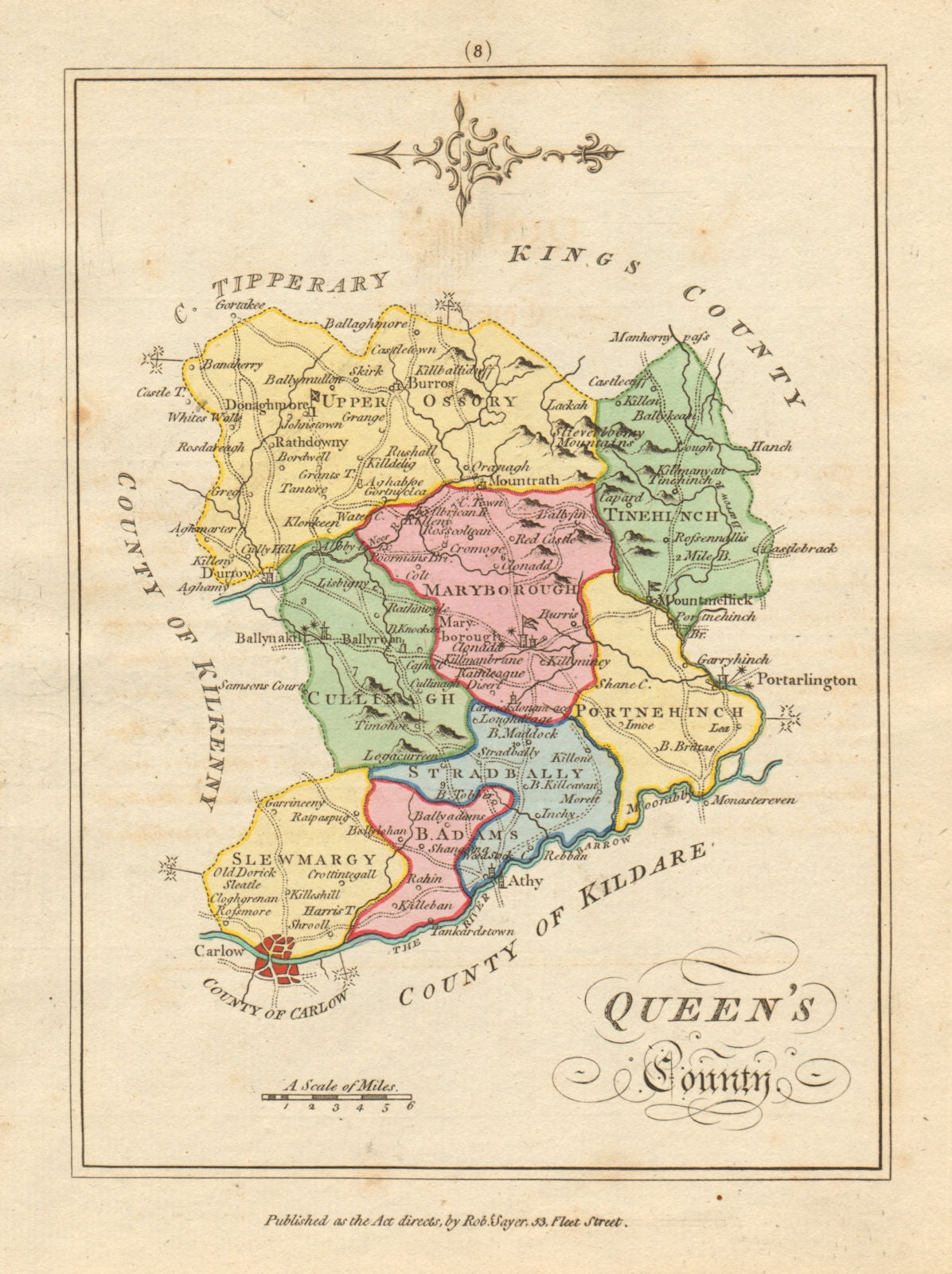 Queens County (Laois), Leinster. Antique copperplate map. Scalé / Sayer 1788